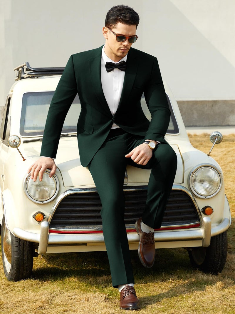 WEEN CHARM بدلة WEEN CHARM للرجال بتصميم نحيف 2 قطعة بدلة زفاف توكسيدو مع طية صدر عريضة للعرسان حفلات التخرج الحفلات الرسمية سترة بنطلون مجموعة داكنة خضراء - Image 2